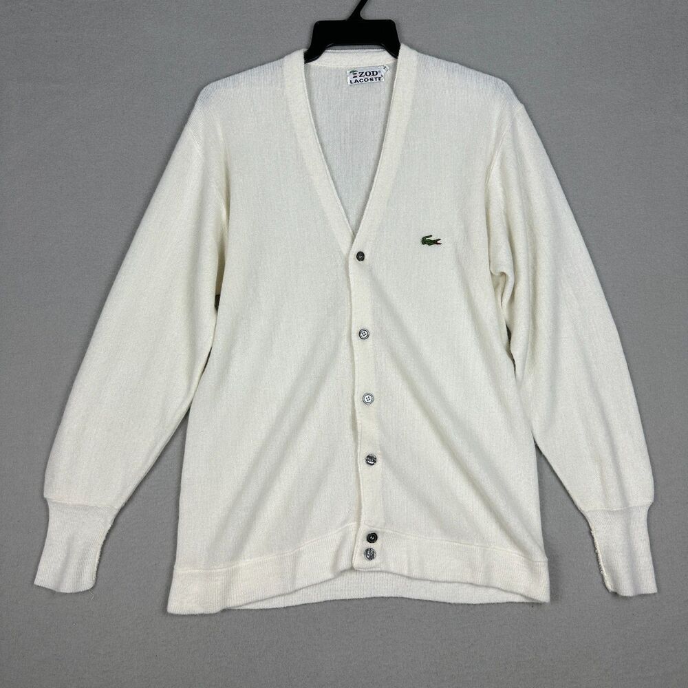 Vintage IZOD Lacoste Mens Large Cardigan Sweater Grandpa Cream Orlon Acrylic